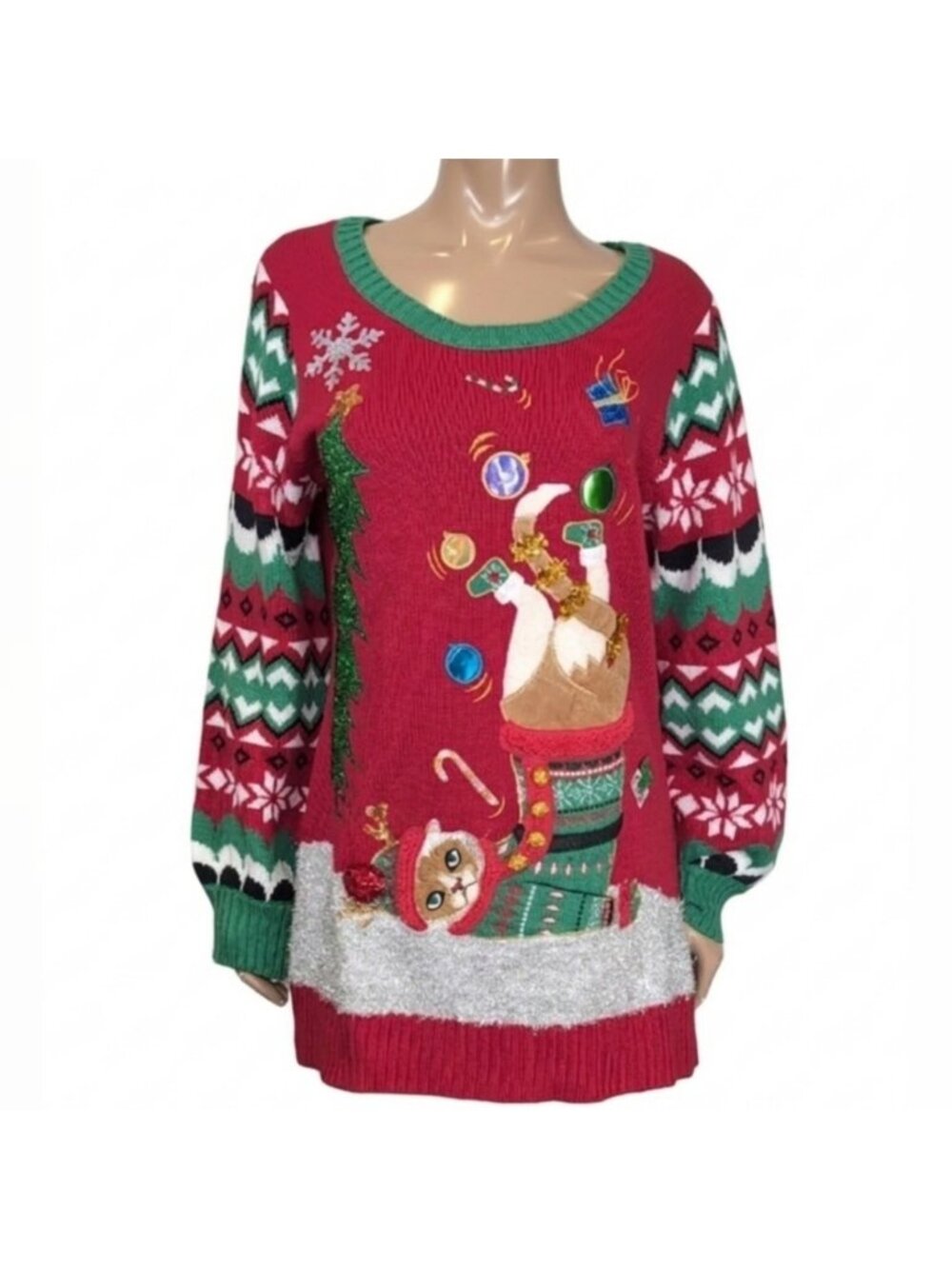 Merry & Bright Ugly Christmas Sweater Red Cat in Stocking Pom Pom Womens Large